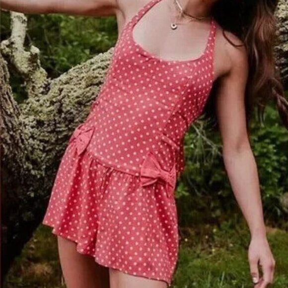 Free People High Strung Short Romper Pink/Red Polka Dots Bows Size M - Picture 1 of 7